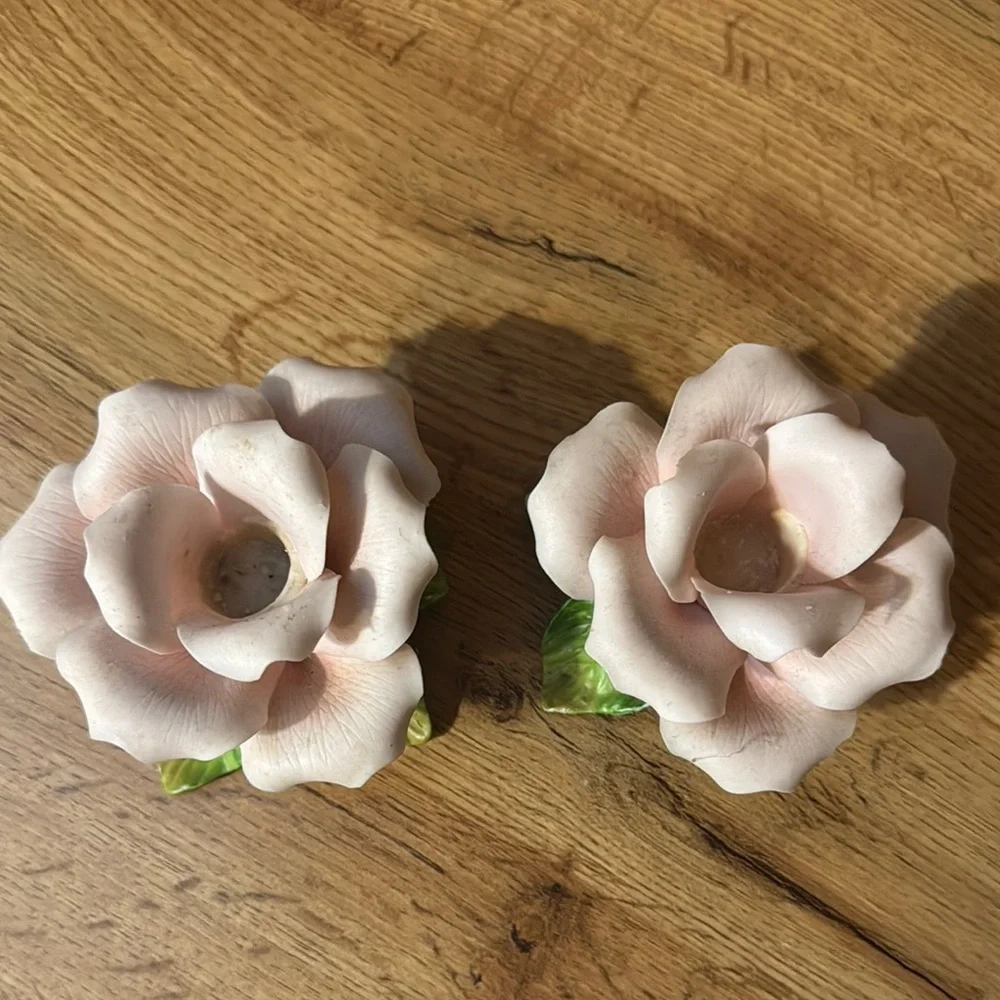 VTG 1950’S Capodimonte Glazed Porcelain Rose candle holders